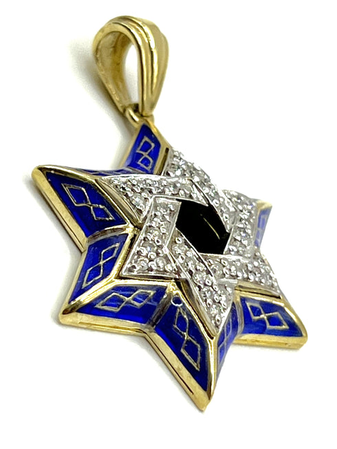14K Gold & Diamond With Blue Enamel Star of David Necklace
